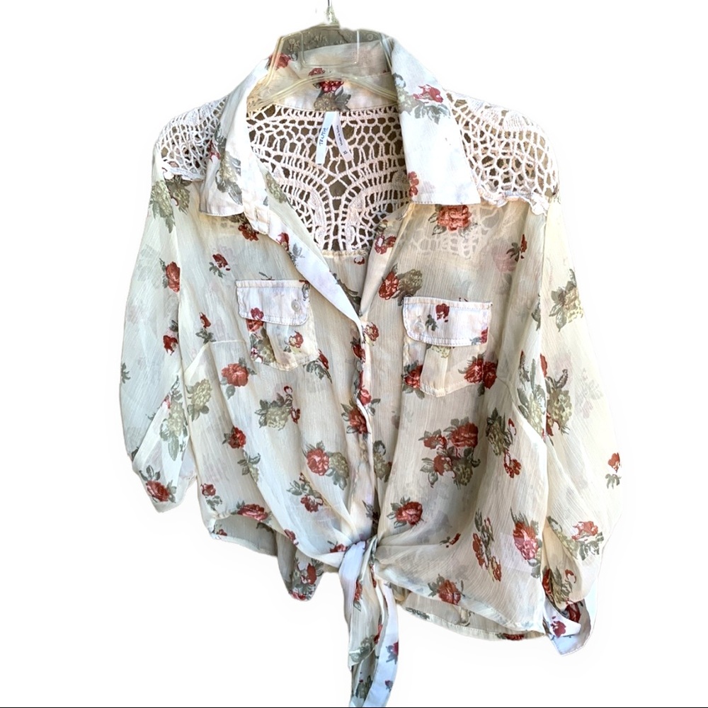 BOHO Floral JR top front tie crop gauze crotchet Cream sage green Maroon floral